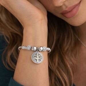 18K White Gold Plated Tree Of Life Cubic Zirconia Talisman Bolo Slider Bracelet